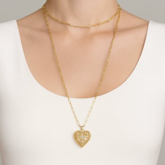"Zahari" 14K Heart Locket with Paperclip Chain - Picture 1 of 3